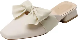 Women Fashion Bow Low Heel Mules Backless Slip On Square Toe Elegant Comfortable Loafers Dress Slippers