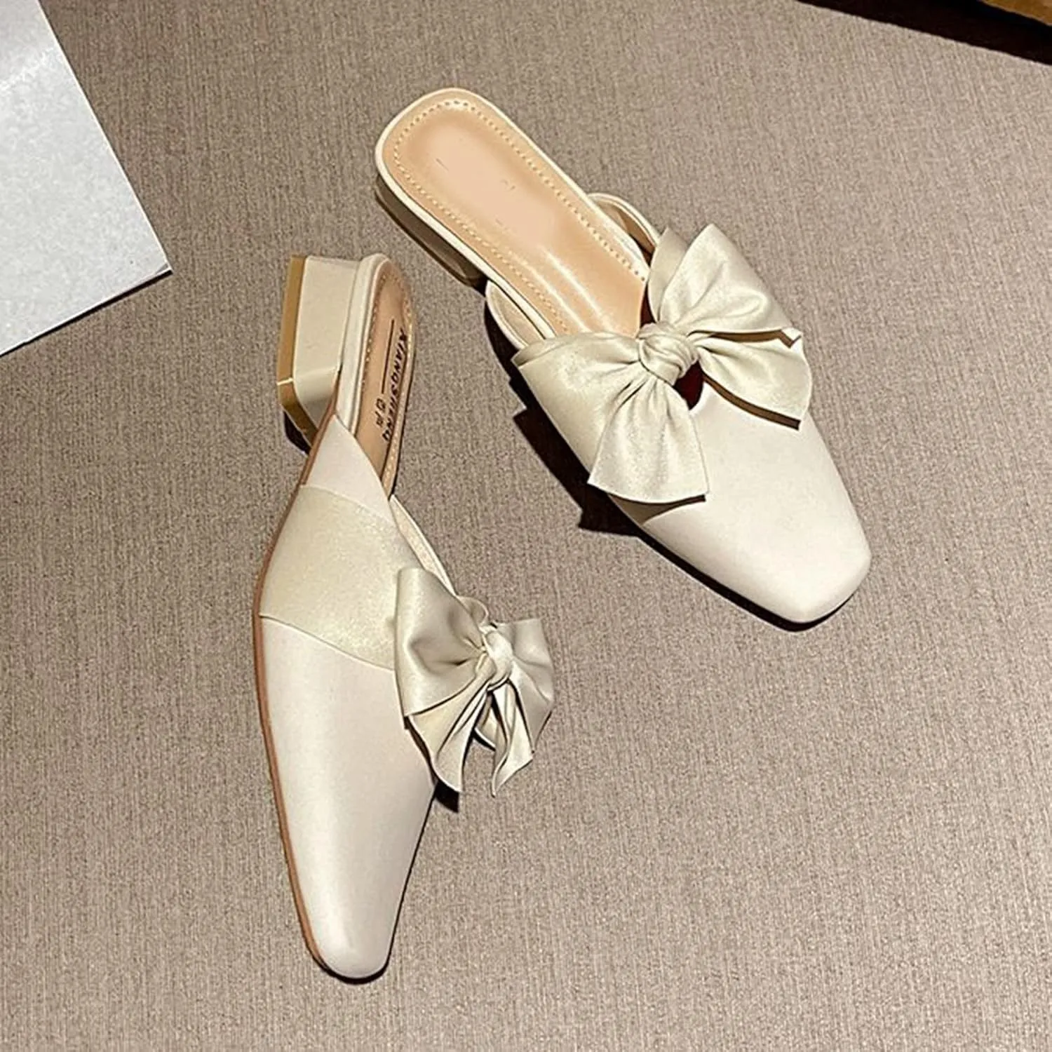 Women Fashion Bow Low Heel Mules Backless Slip On Square Toe Elegant Comfortable Loafers Dress Slippers