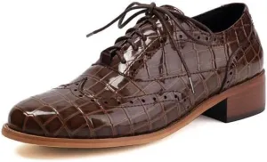Women Lace Up Brogue Shoes Glossy Patent Leather Low Block Heels with Rock Pattern