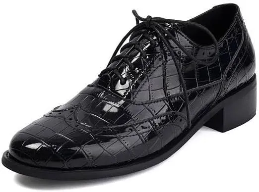 Women Lace Up Brogue Shoes Glossy Patent Leather Low Block Heels with Rock Pattern