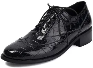 Women Lace Up Brogue Shoes Glossy Patent Leather Low Block Heels with Rock Pattern
