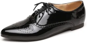 Women Lace Up Brogue Shoes Glossy Patent Pointed Toe Low Block Heels