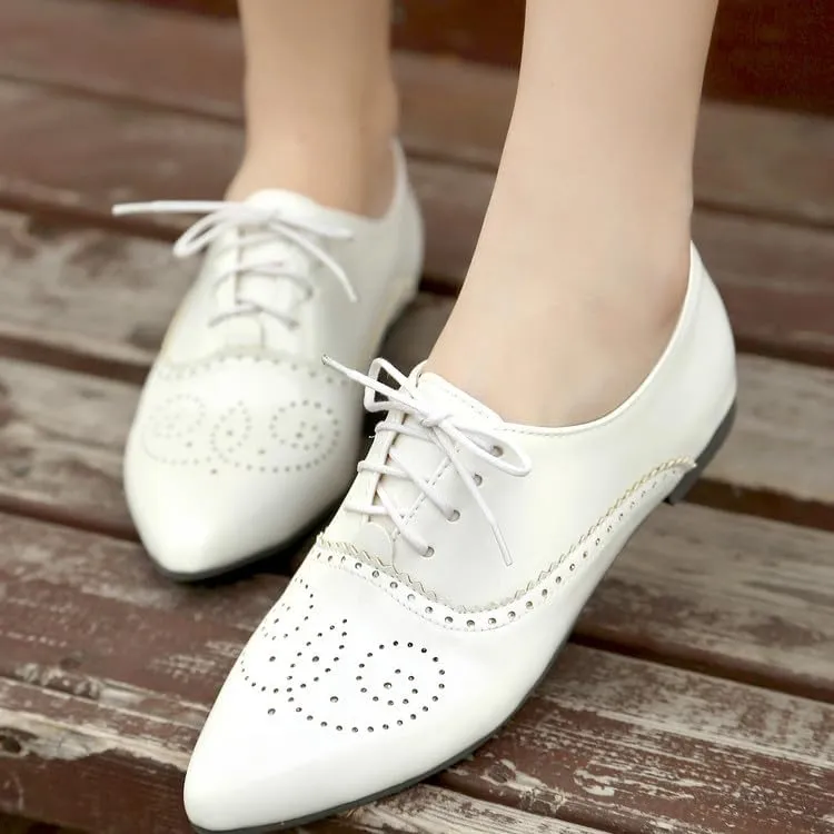 Women Lace Up Brogue Shoes Glossy Patent Pointed Toe Low Block Heels