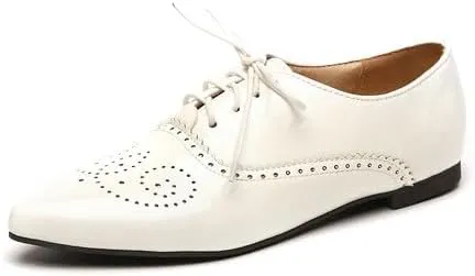 Women Lace Up Brogue Shoes Glossy Patent Pointed Toe Low Block Heels