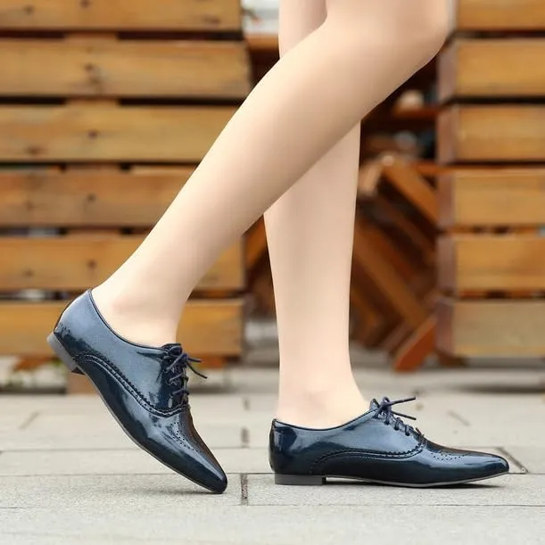 Women Lace Up Brogue Shoes Glossy Patent Pointed Toe Low Block Heels