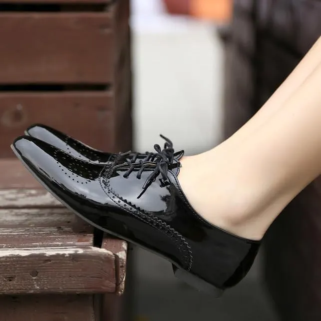Women Lace Up Brogue Shoes Glossy Patent Pointed Toe Low Block Heels