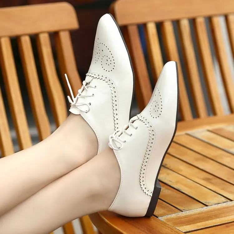 Women Lace Up Brogue Shoes Glossy Patent Pointed Toe Low Block Heels