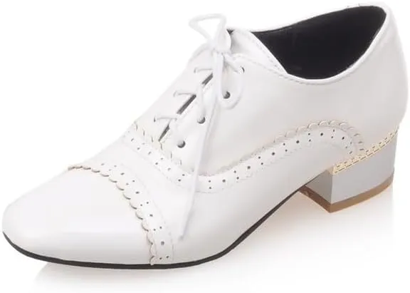 Women Lace Up Brogue Shoes Glossy Patent Square Toe Low Block Heels