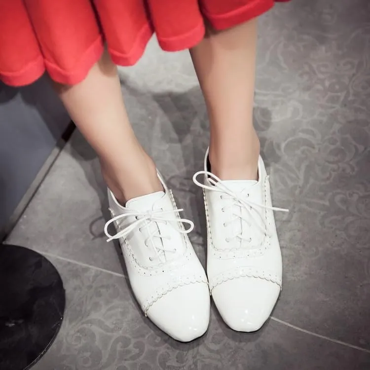 Women Lace Up Brogue Shoes Glossy Patent Square Toe Low Block Heels