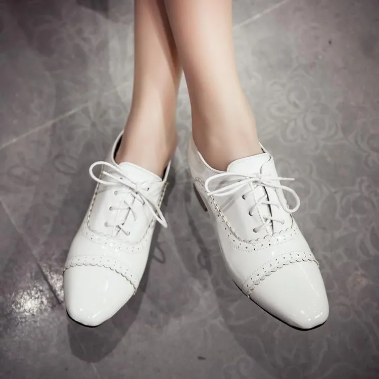 Women Lace Up Brogue Shoes Glossy Patent Square Toe Low Block Heels