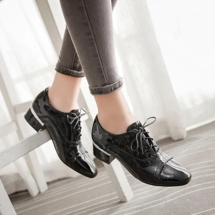 Women Lace Up Brogue Shoes Glossy Patent Square Toe Low Block Heels