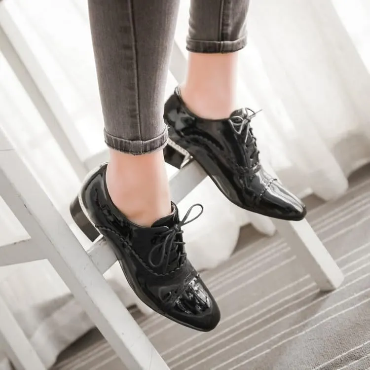 Women Lace Up Brogue Shoes Glossy Patent Square Toe Low Block Heels