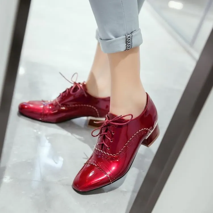 Women Lace Up Brogue Shoes Glossy Patent Square Toe Low Block Heels