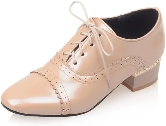 Women Lace Up Brogue Shoes Glossy Patent Square Toe Low Block Heels