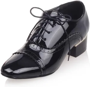 Women Lace Up Brogue Shoes Glossy Patent Square Toe Low Block Heels