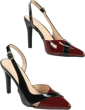Women's Black & Red Patent Leather High-Heel Sandals | Pointed-Toe Slingback Pumps with Adjustable Buckle | Elegant Banquet Party Shoes | 2025 Trendy Color-Block Heels