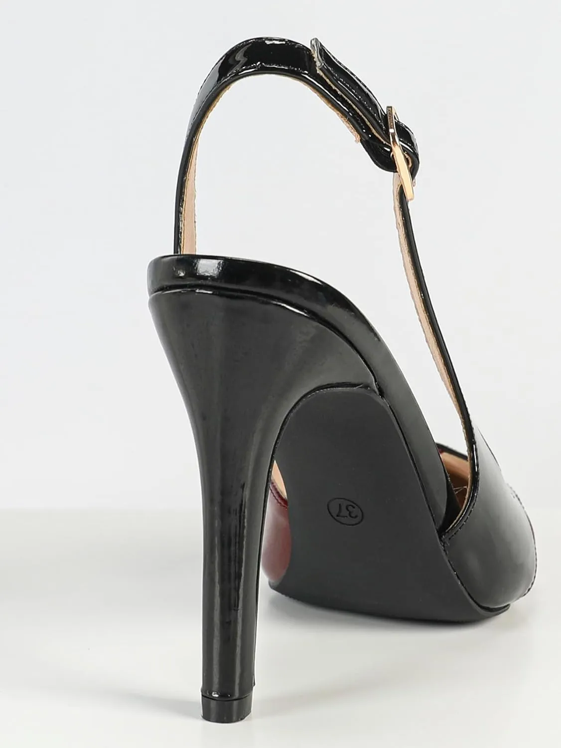 Women's Black & Red Patent Leather High-Heel Sandals | Pointed-Toe Slingback Pumps with Adjustable Buckle | Elegant Banquet Party Shoes | 2025 Trendy Color-Block Heels