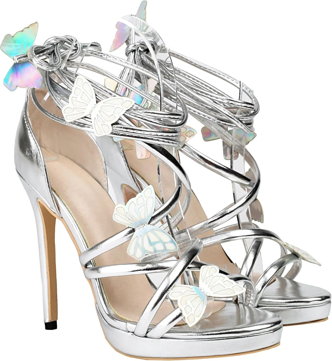 Women's Butterfly Sandals High Heels Lace Up Strappy Metallic Platform Heeled Sandals Round Open Toe Stiletto Wedding Party Dress Shoes