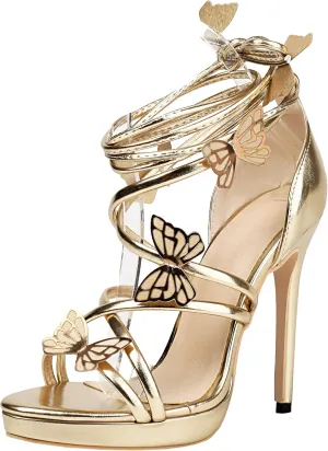 Women's Butterfly Sandals High Heels Lace Up Strappy Metallic Platform Heeled Sandals Round Open Toe Stiletto Wedding Party Dress Shoes