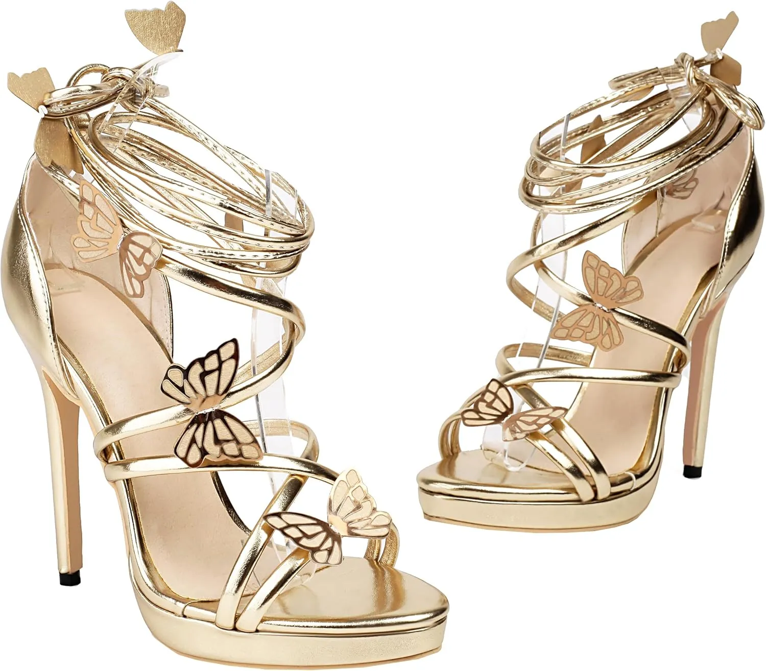 Women's Butterfly Sandals High Heels Lace Up Strappy Metallic Platform Heeled Sandals Round Open Toe Stiletto Wedding Party Dress Shoes
