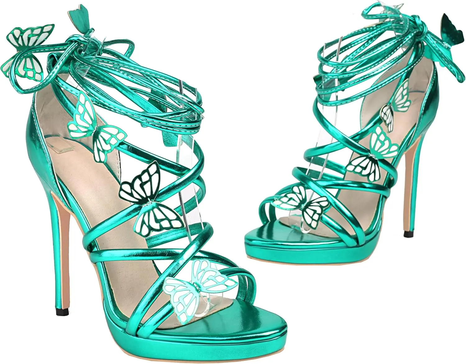 Women's Butterfly Sandals High Heels Lace Up Strappy Metallic Platform Heeled Sandals Round Open Toe Stiletto Wedding Party Dress Shoes