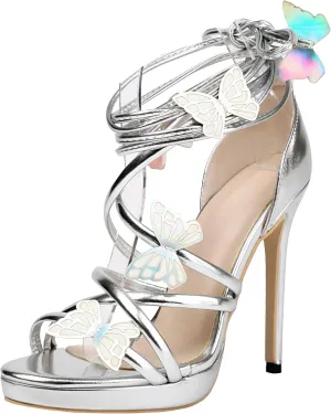 Women's Butterfly Sandals High Heels Lace Up Strappy Metallic Platform Heeled Sandals Round Open Toe Stiletto Wedding Party Dress Shoes