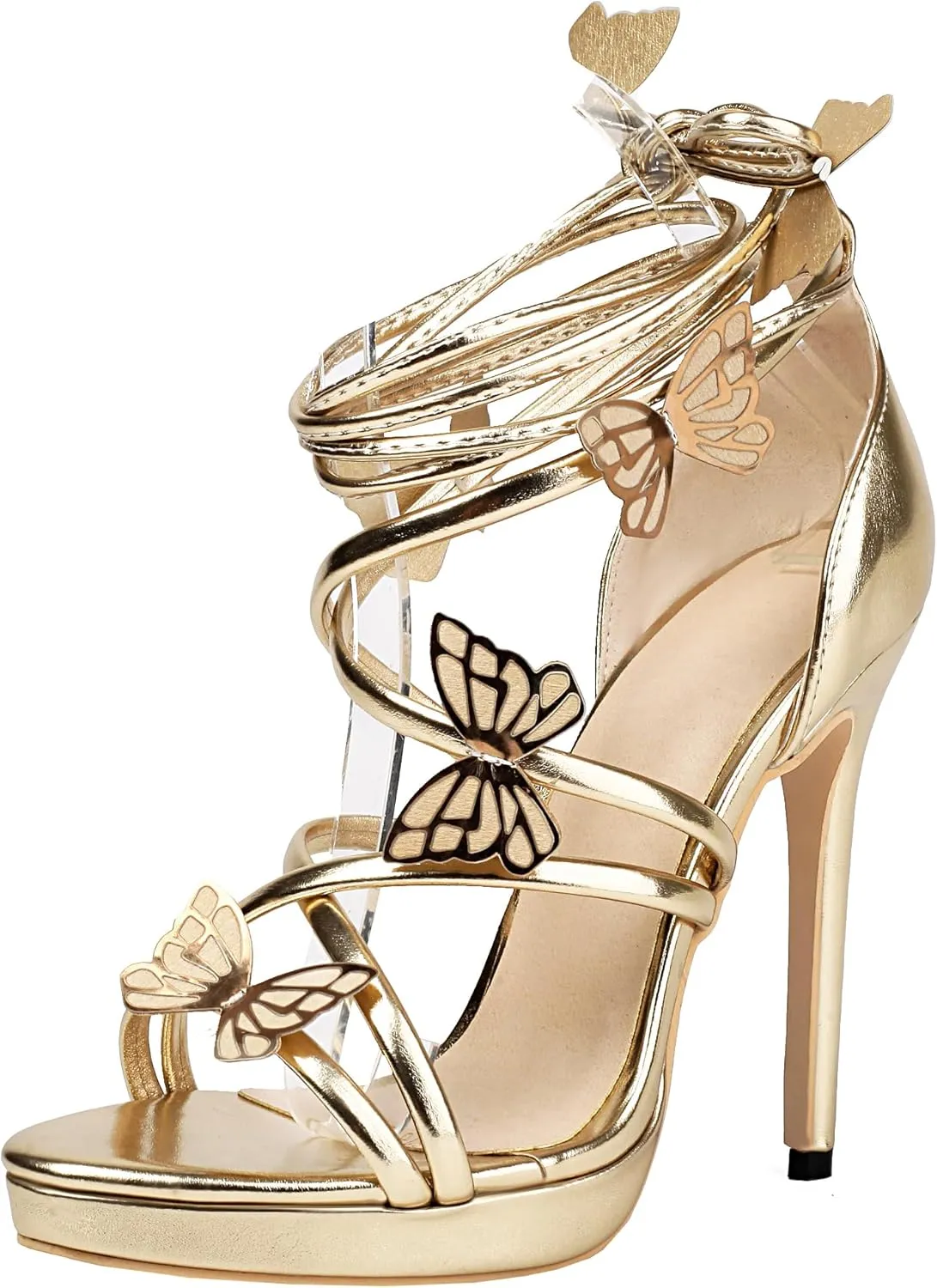 Women's Butterfly Sandals High Heels Lace Up Strappy Metallic Platform Heeled Sandals Round Open Toe Stiletto Wedding Party Dress Shoes