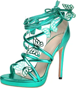 Women's Butterfly Sandals High Heels Lace Up Strappy Metallic Platform Heeled Sandals Round Open Toe Stiletto Wedding Party Dress Shoes