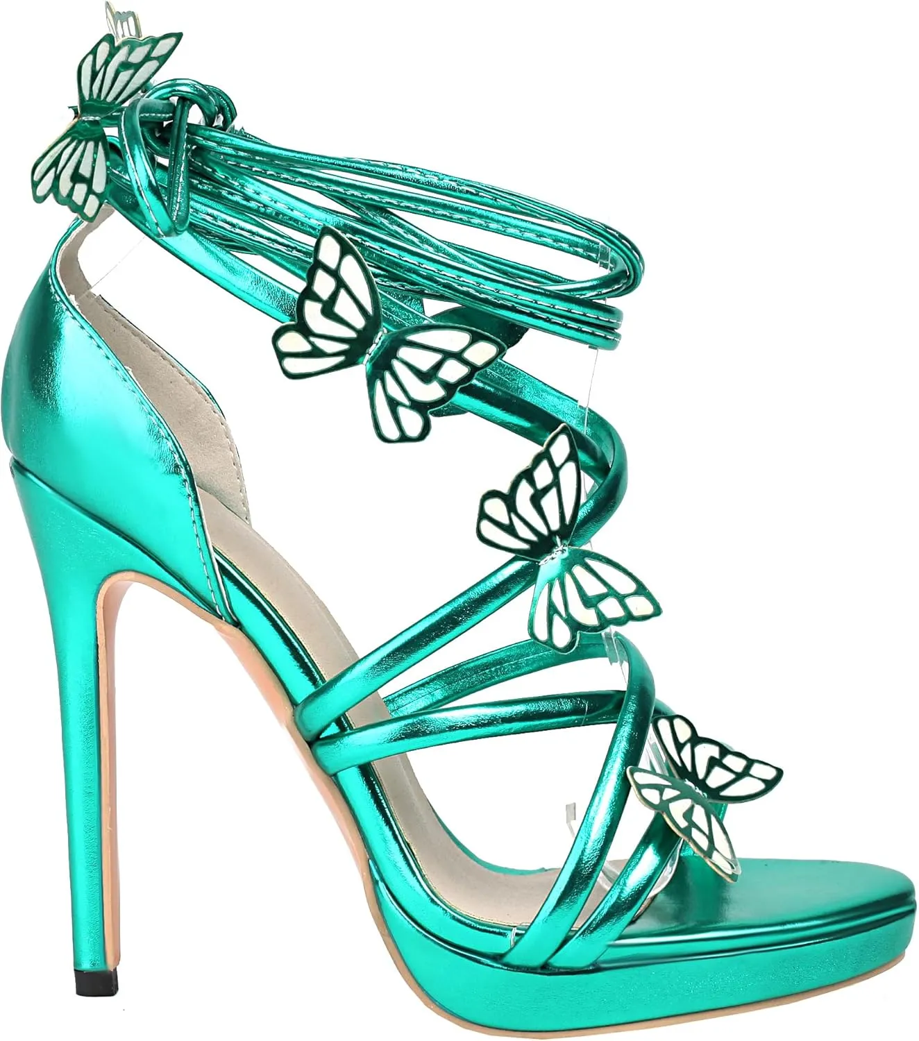Women's Butterfly Sandals High Heels Lace Up Strappy Metallic Platform Heeled Sandals Round Open Toe Stiletto Wedding Party Dress Shoes