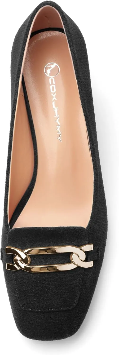 Womens Chunky Comfortable Closed Square Toe Low Block Heels Work Dress Wedding Slip On Pumps Shoes