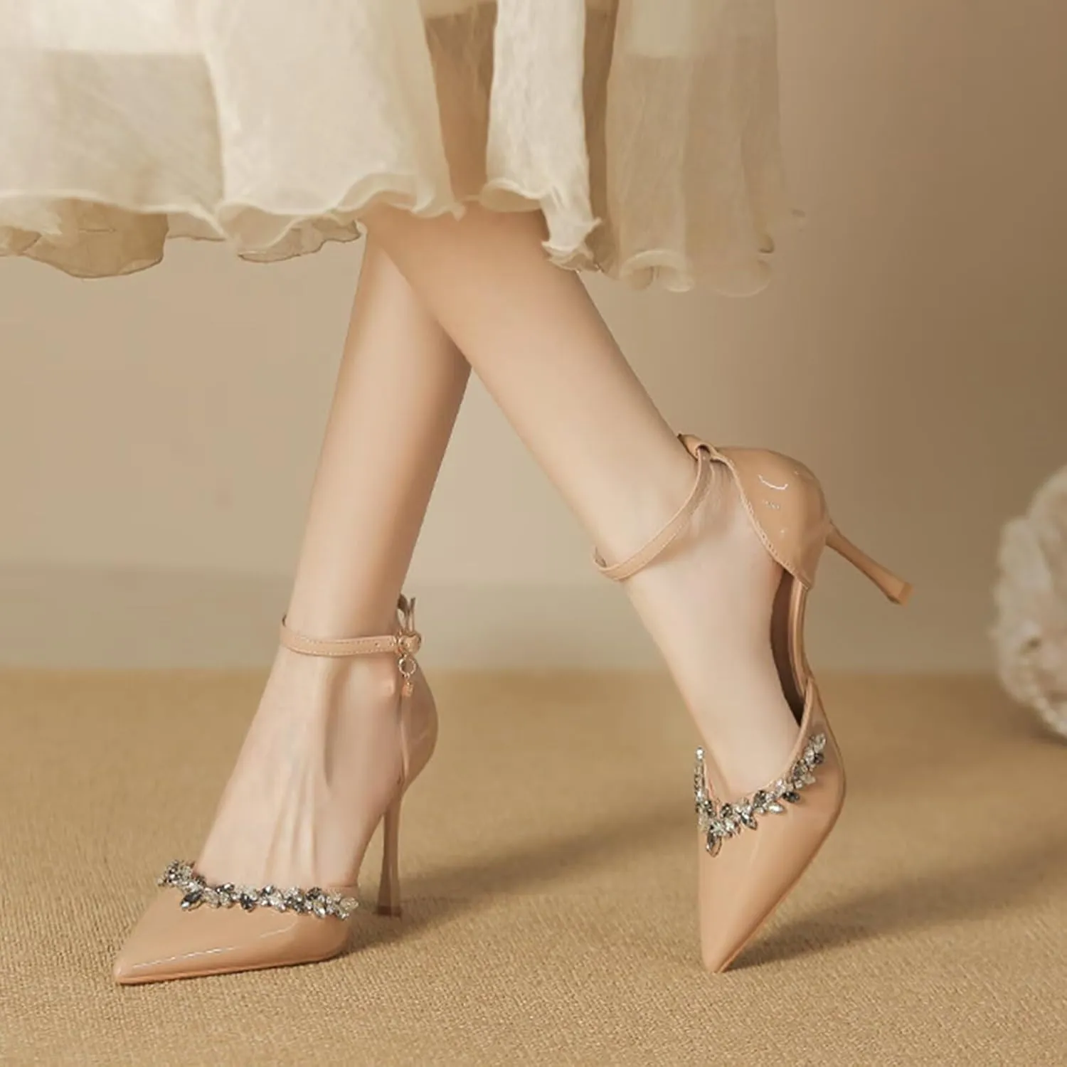 Womens Close Toe Pumps Stiletto Heels Wedding Shoes Ankle Strap Heeled Sandals Bridal Shoes with Sparkly Rhinestone