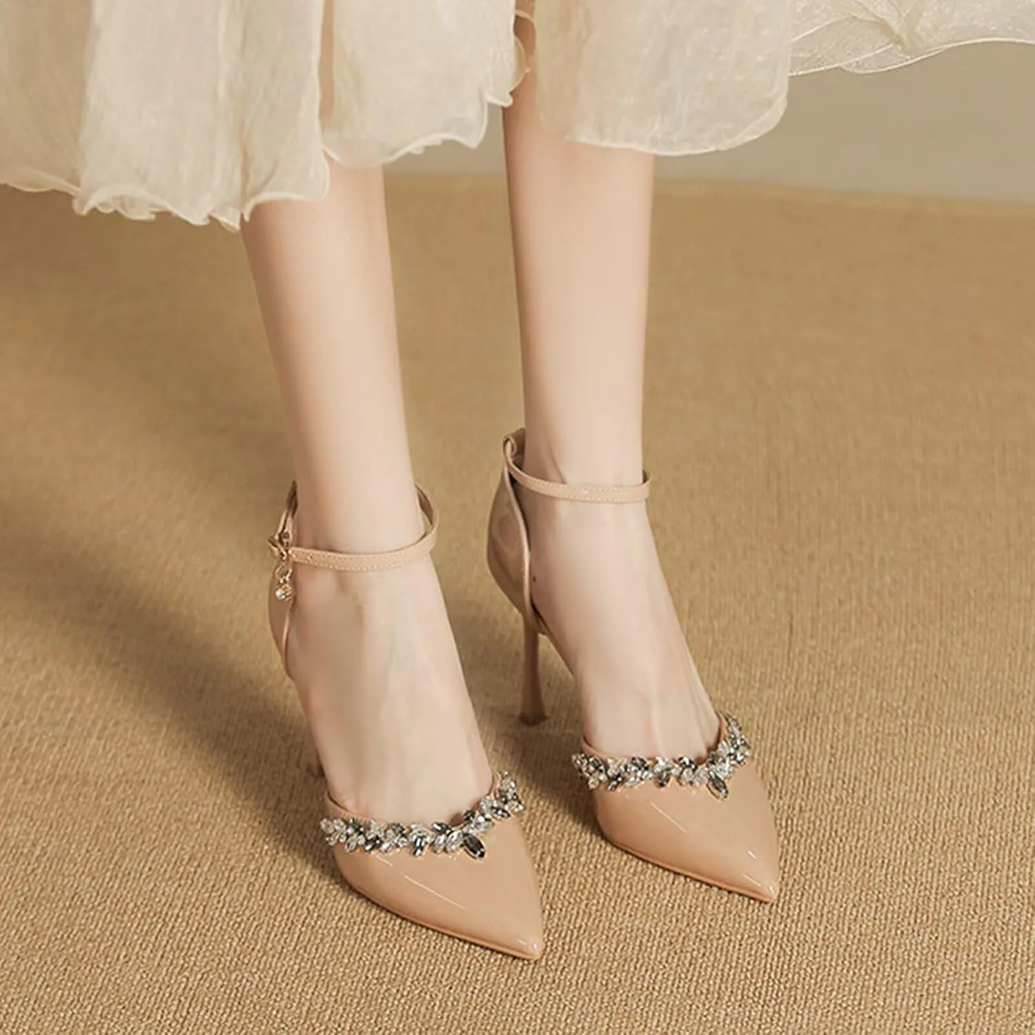Womens Close Toe Pumps Stiletto Heels Wedding Shoes Ankle Strap Heeled Sandals Bridal Shoes with Sparkly Rhinestone