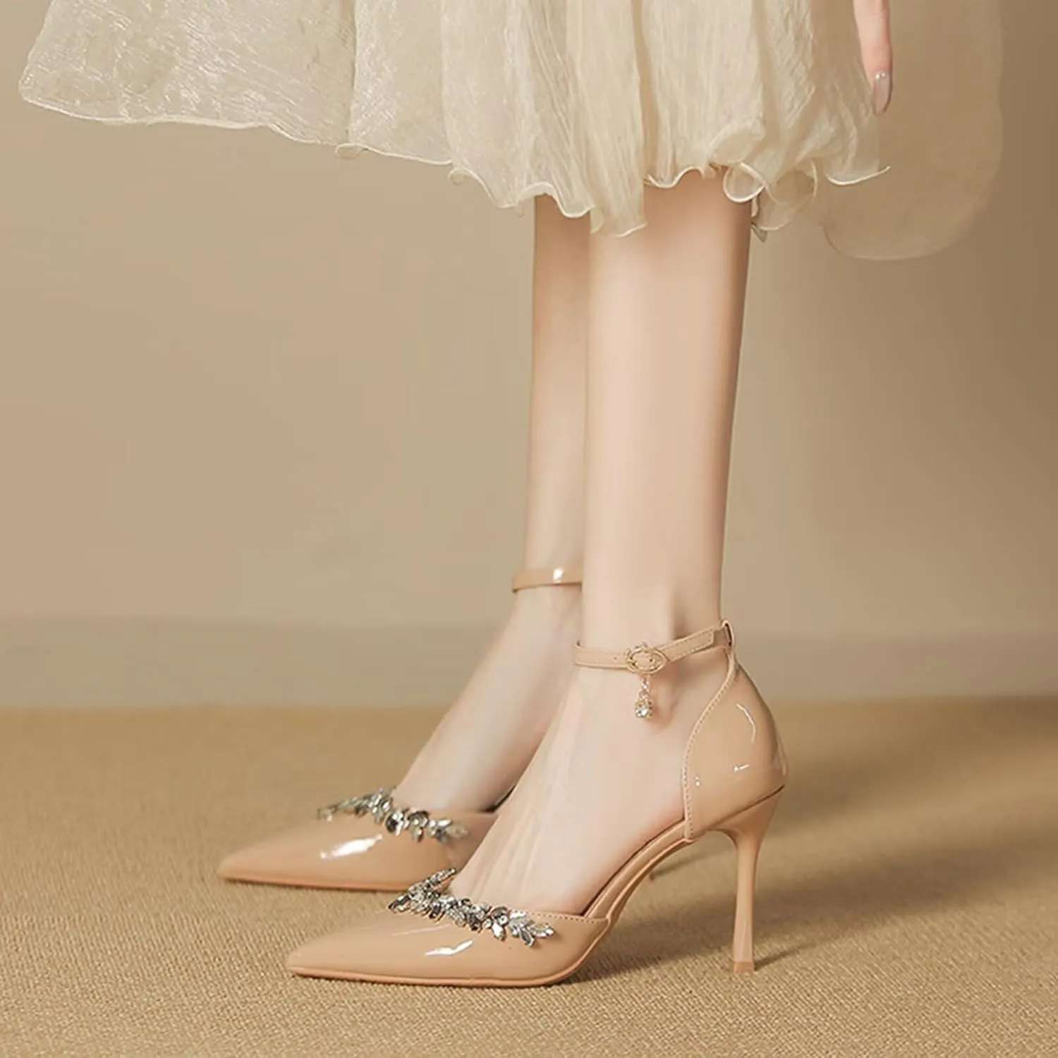 Womens Close Toe Pumps Stiletto Heels Wedding Shoes Ankle Strap Heeled Sandals Bridal Shoes with Sparkly Rhinestone