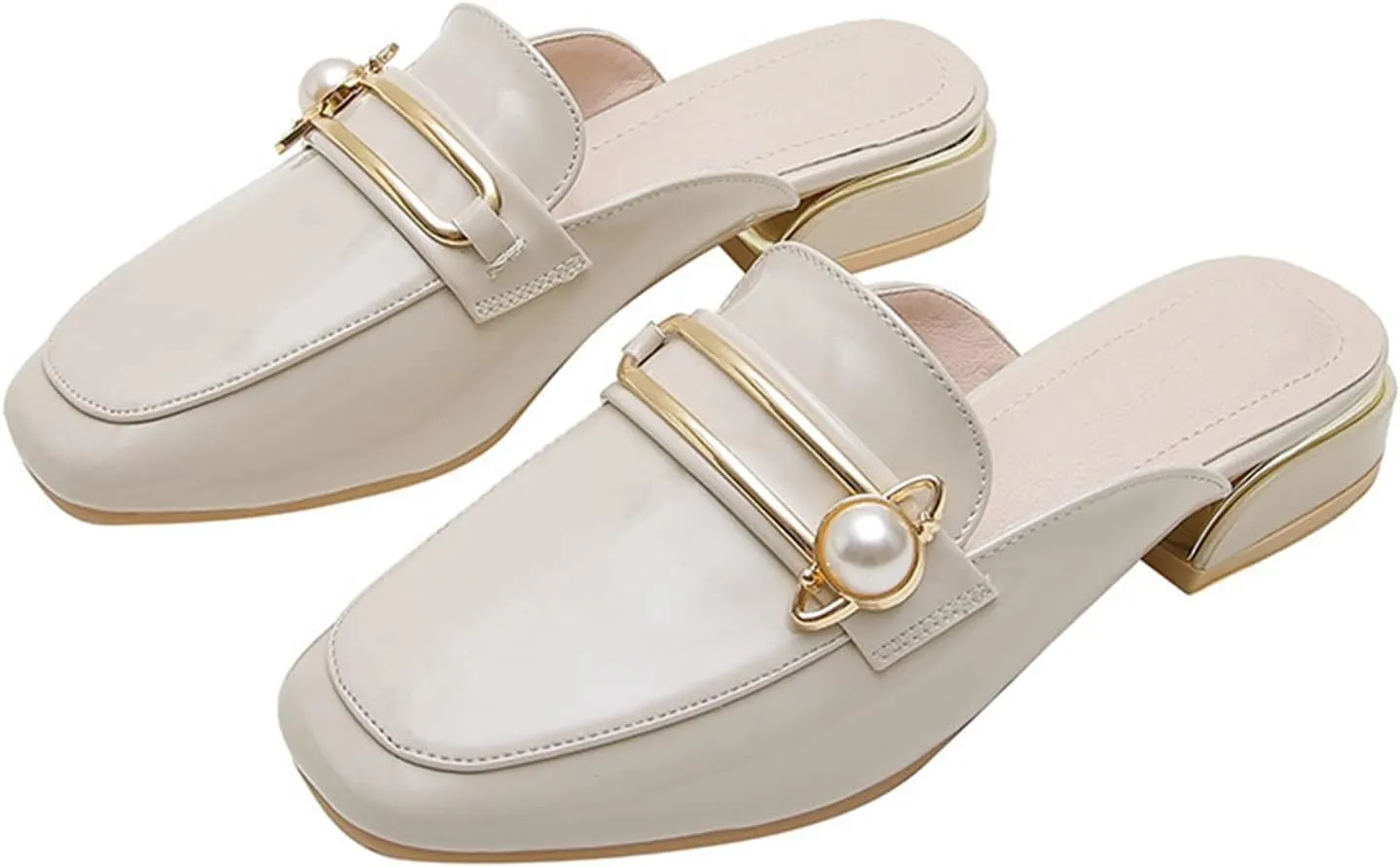 Womens Fashion Closed Square Toe Mules Backless Loafers Metal Decor Comfy Low Heel Dress Slipper Shoes
