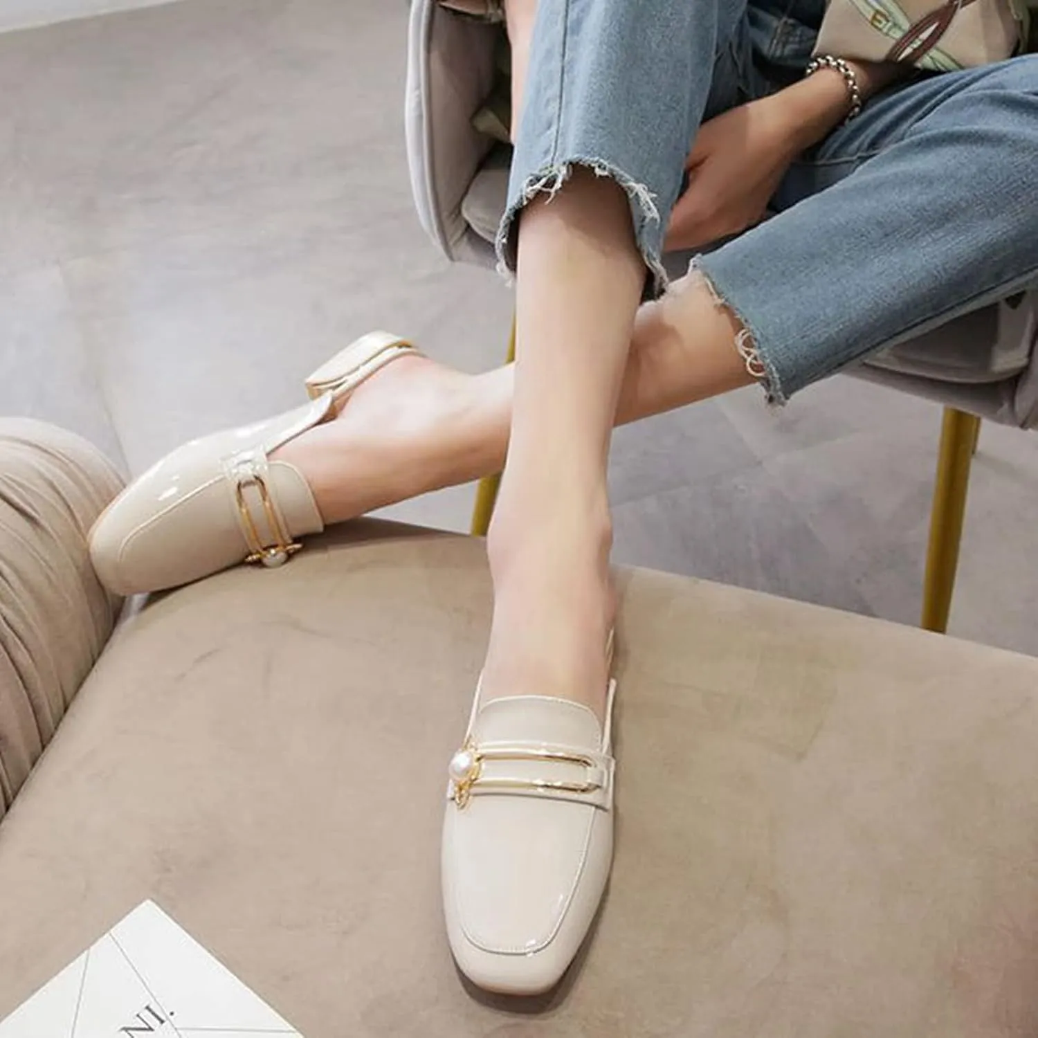 Womens Fashion Closed Square Toe Mules Backless Loafers Metal Decor Comfy Low Heel Dress Slipper Shoes