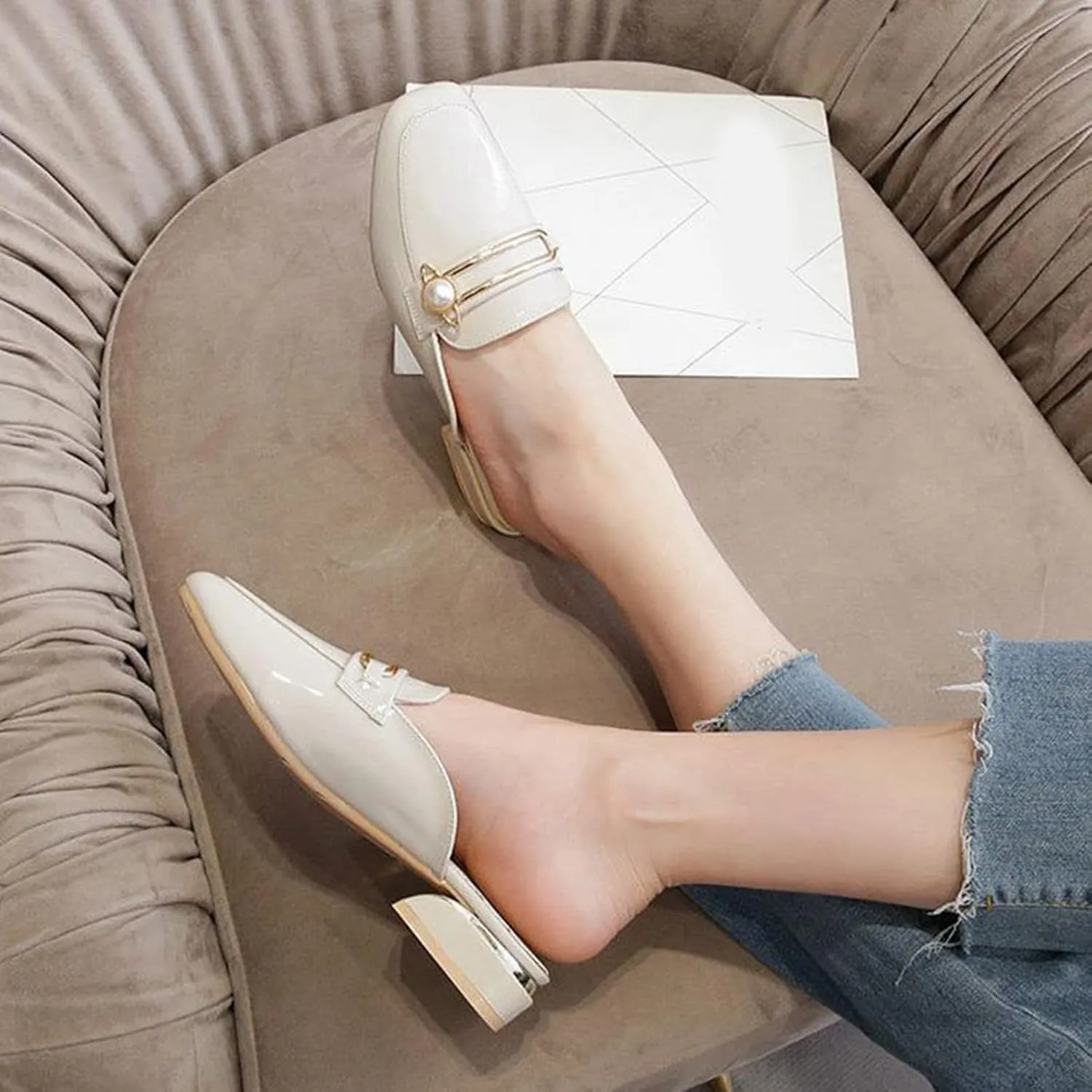 Womens Fashion Closed Square Toe Mules Backless Loafers Metal Decor Comfy Low Heel Dress Slipper Shoes