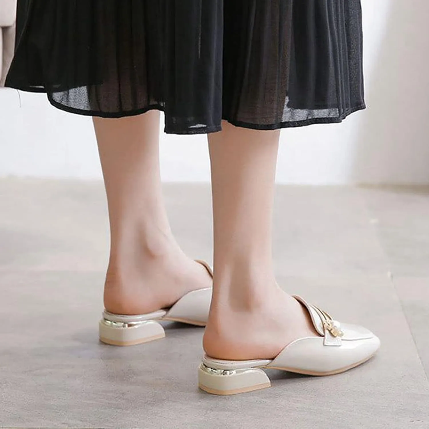 Womens Fashion Closed Square Toe Mules Backless Loafers Metal Decor Comfy Low Heel Dress Slipper Shoes