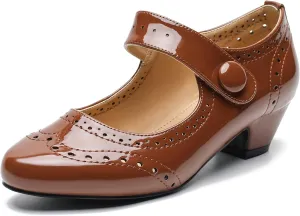 Women's Low Chunky Heel Ankle Strap Cut Out Closed Toe Pumps Hook and Loop Retro D'Orsay Vintage Dressy Wedding Party Church Shoes