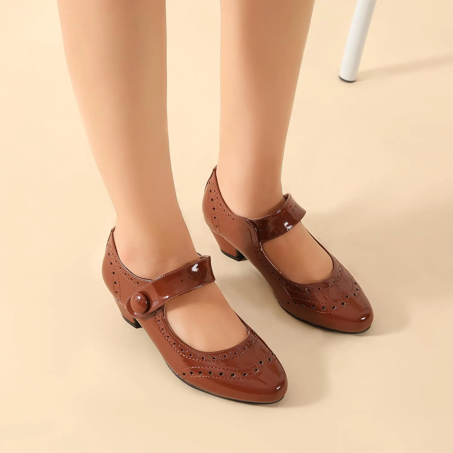 Women's Low Chunky Heel Ankle Strap Cut Out Closed Toe Pumps Hook and Loop Retro D'Orsay Vintage Dressy Wedding Party Church Shoes