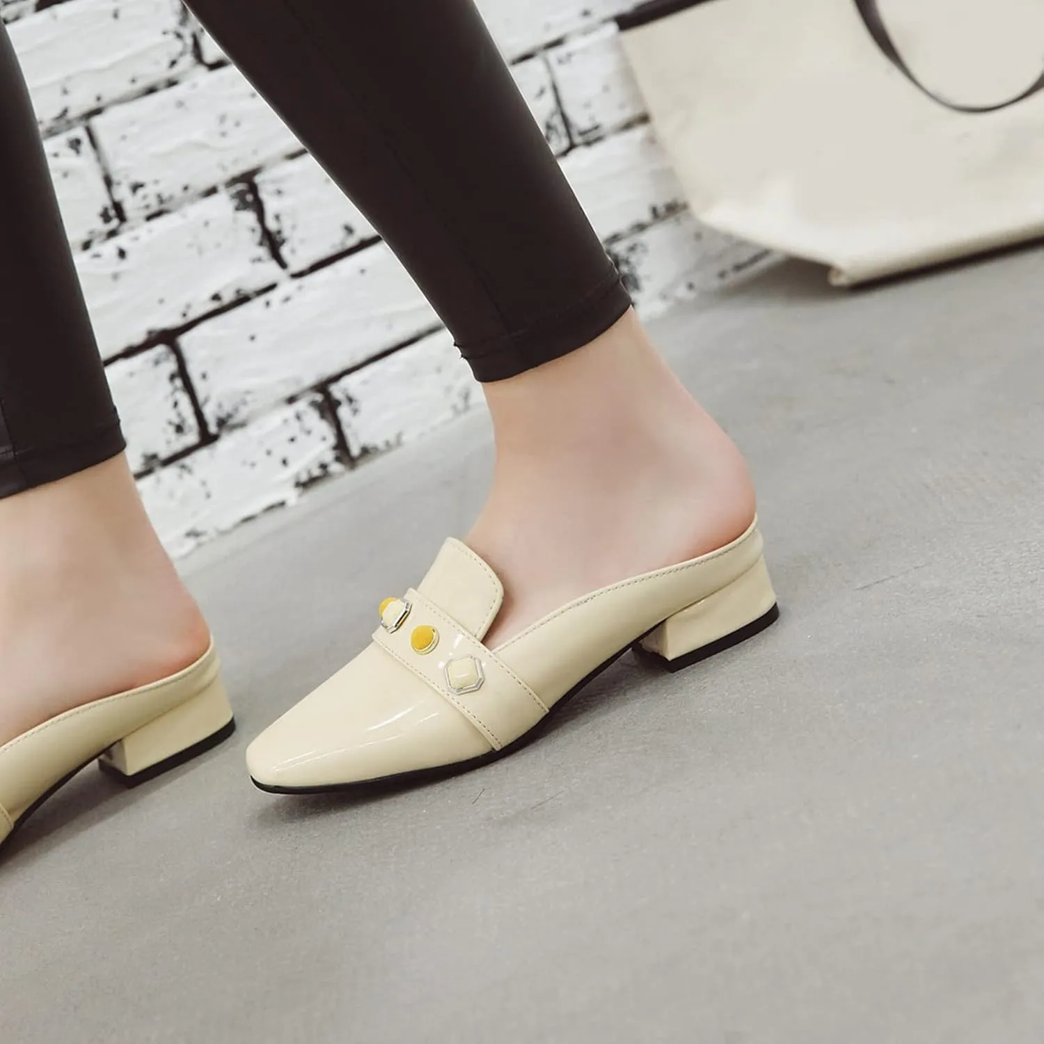 Women's Low Heel Backless Loafers Patent Leather Square Toe Studded Comfy Casual Dress Mules Shoes