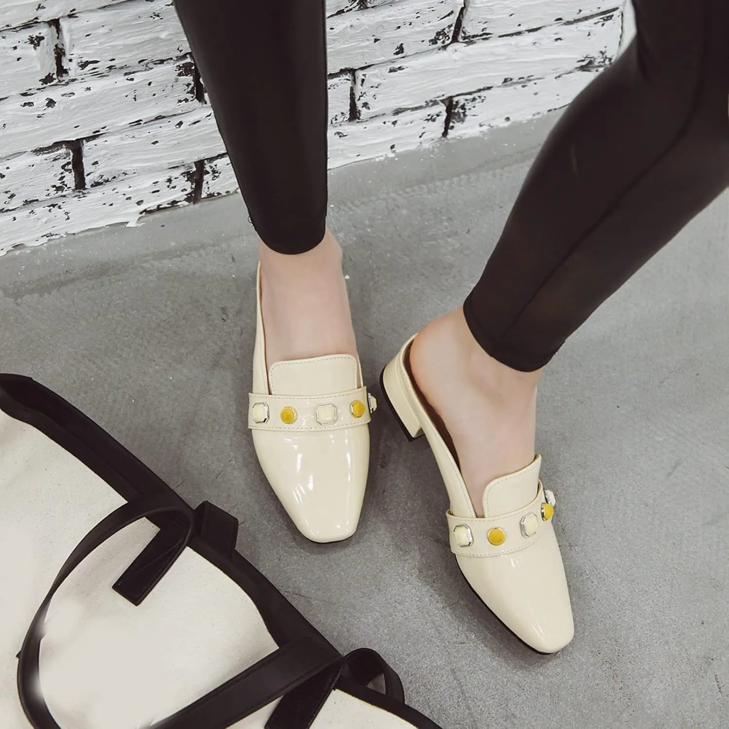 Women's Low Heel Backless Loafers Patent Leather Square Toe Studded Comfy Casual Dress Mules Shoes