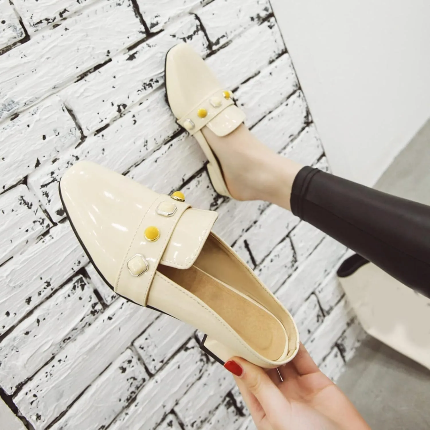 Women's Low Heel Backless Loafers Patent Leather Square Toe Studded Comfy Casual Dress Mules Shoes