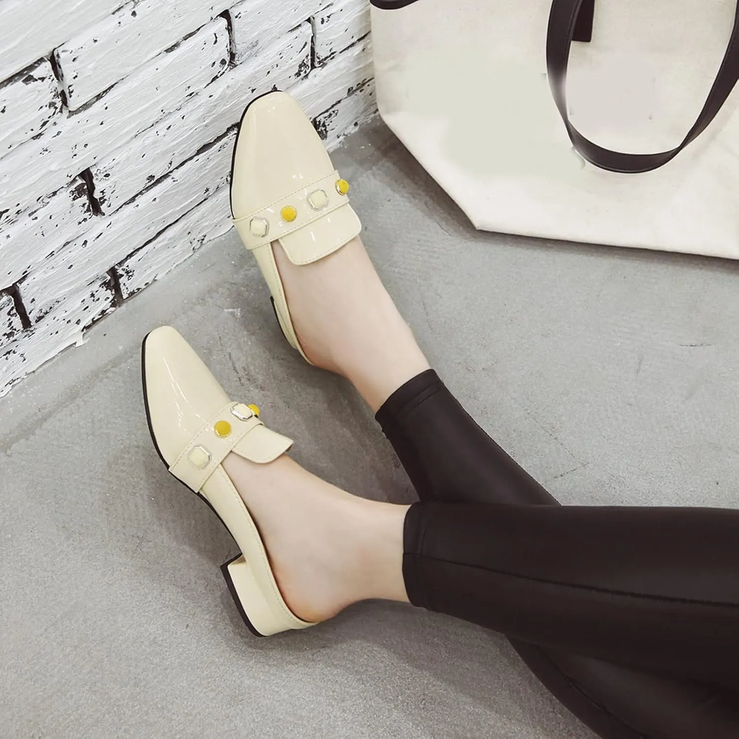 Women's Low Heel Backless Loafers Patent Leather Square Toe Studded Comfy Casual Dress Mules Shoes