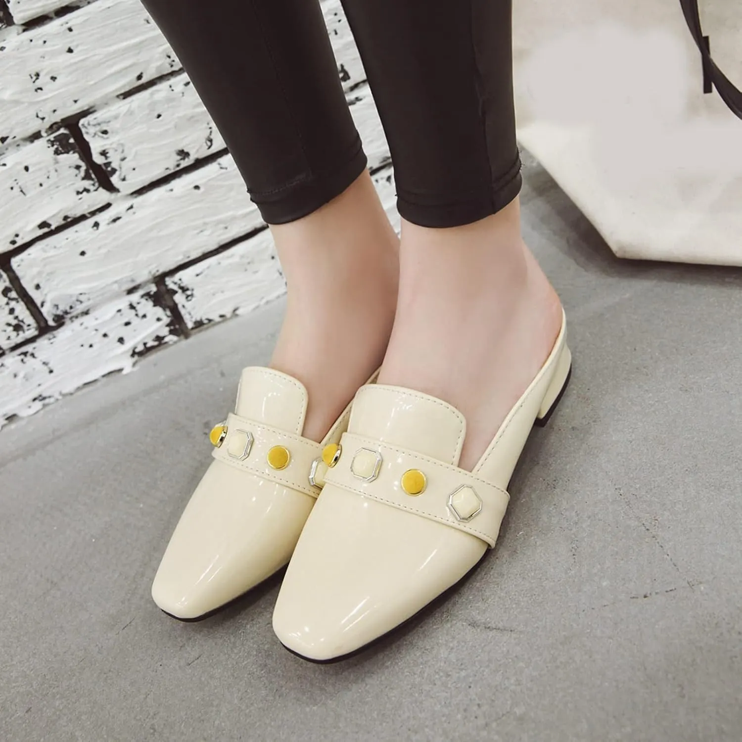 Women's Low Heel Backless Loafers Patent Leather Square Toe Studded Comfy Casual Dress Mules Shoes