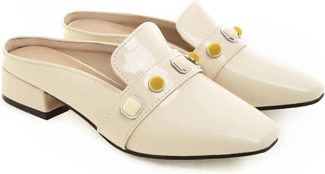 Women's Low Heel Backless Loafers Patent Leather Square Toe Studded Comfy Casual Dress Mules Shoes