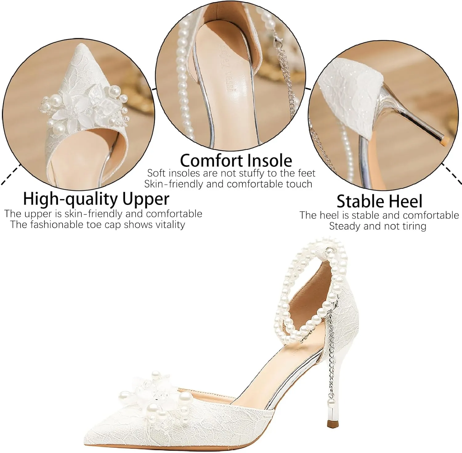 Women's Pearl Leather Stiletto Pumps Fashion Flower Closed Pointed Toe Pearl Ankle Strap Comfort High Heels Dressy Shoes for Wedding Party Evening