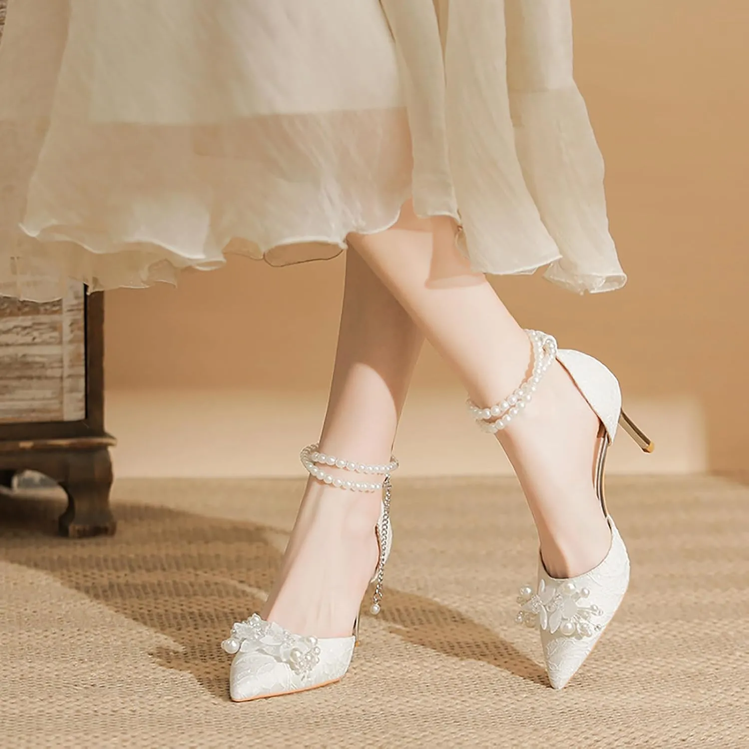 Women's Pearl Leather Stiletto Pumps Fashion Flower Closed Pointed Toe Pearl Ankle Strap Comfort High Heels Dressy Shoes for Wedding Party Evening