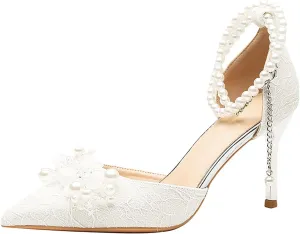 Women's Pearl Leather Stiletto Pumps Fashion Flower Closed Pointed Toe Pearl Ankle Strap Comfort High Heels Dressy Shoes for Wedding Party Evening