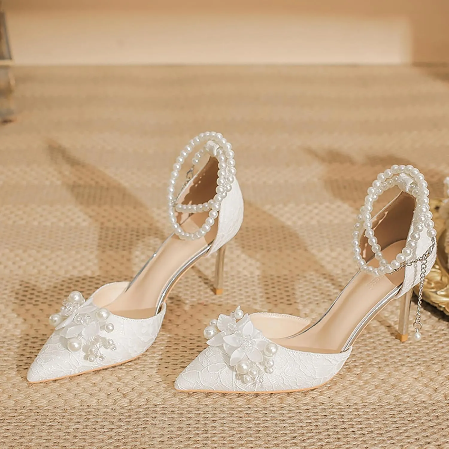 Women's Pearl Leather Stiletto Pumps Fashion Flower Closed Pointed Toe Pearl Ankle Strap Comfort High Heels Dressy Shoes for Wedding Party Evening