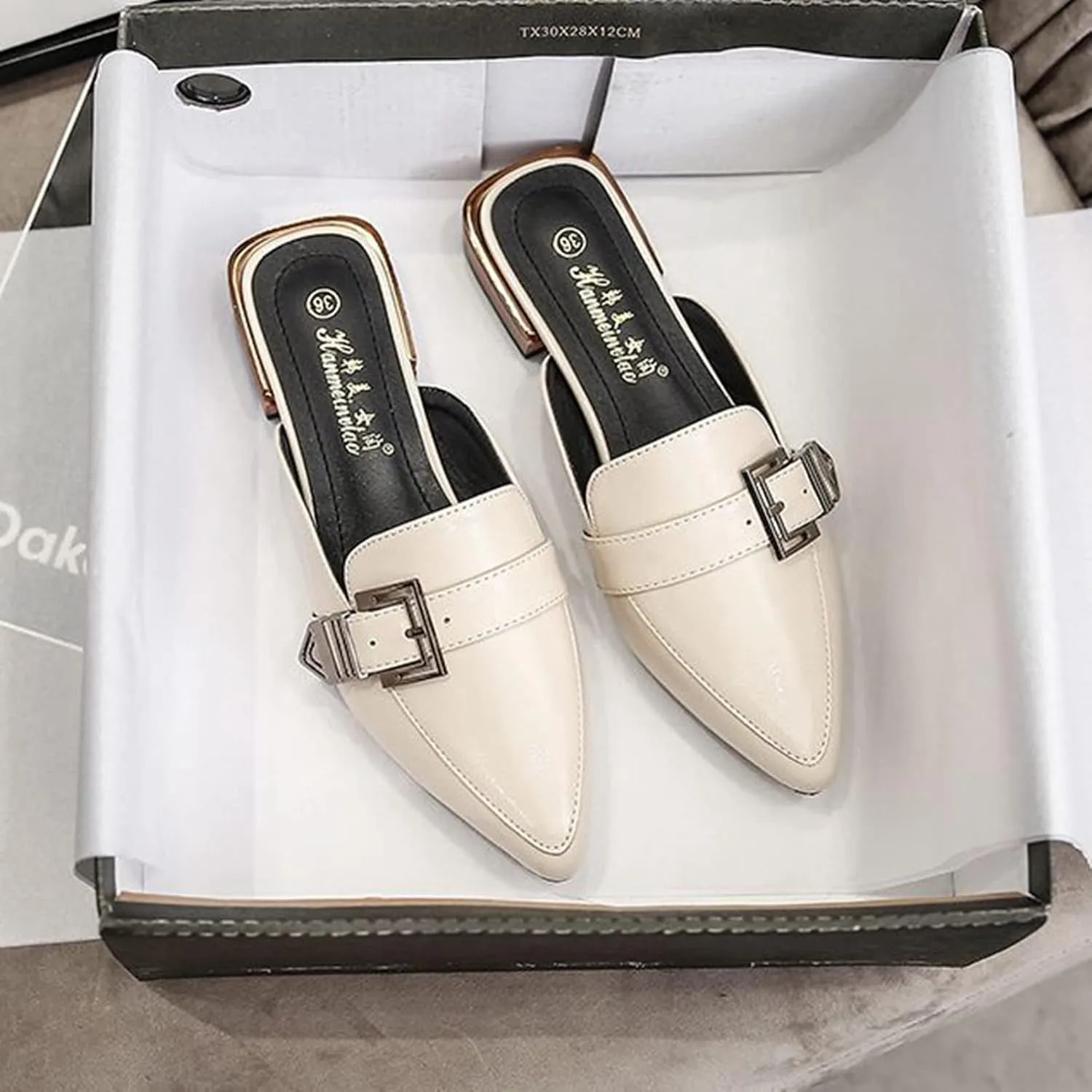 Womens Pointed Toe Slide Mules Metal Buckle Slip on Flat Low Heel Backless Loafers Slipper Shoes